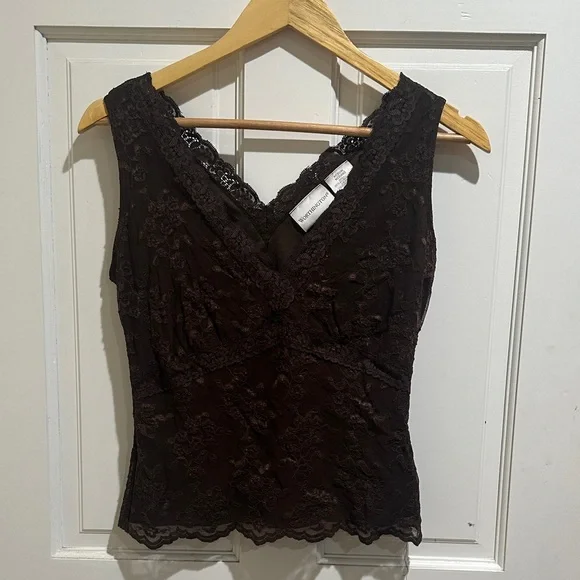 Worthington Brown Lace V-Neck Top - Picture 1 of 4